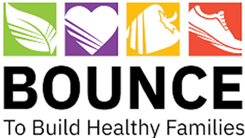 BOUNCE: To Build Healthy Families program logo with leaf, heart, and running shoe icons.
