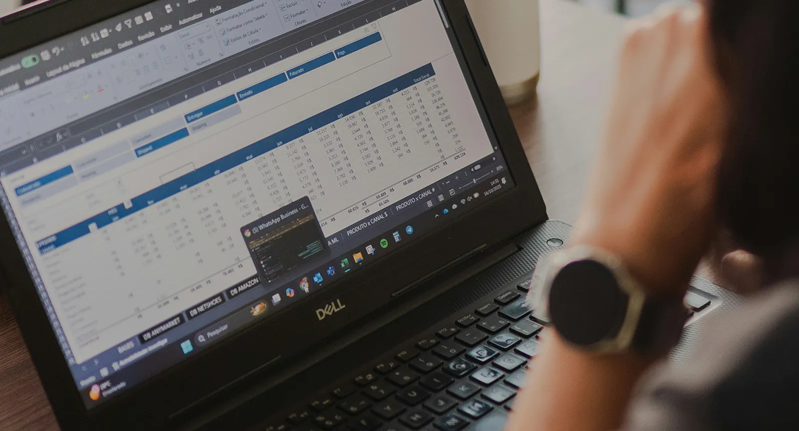 A person working at a Dell laptop displaying a spreadsheet of data.