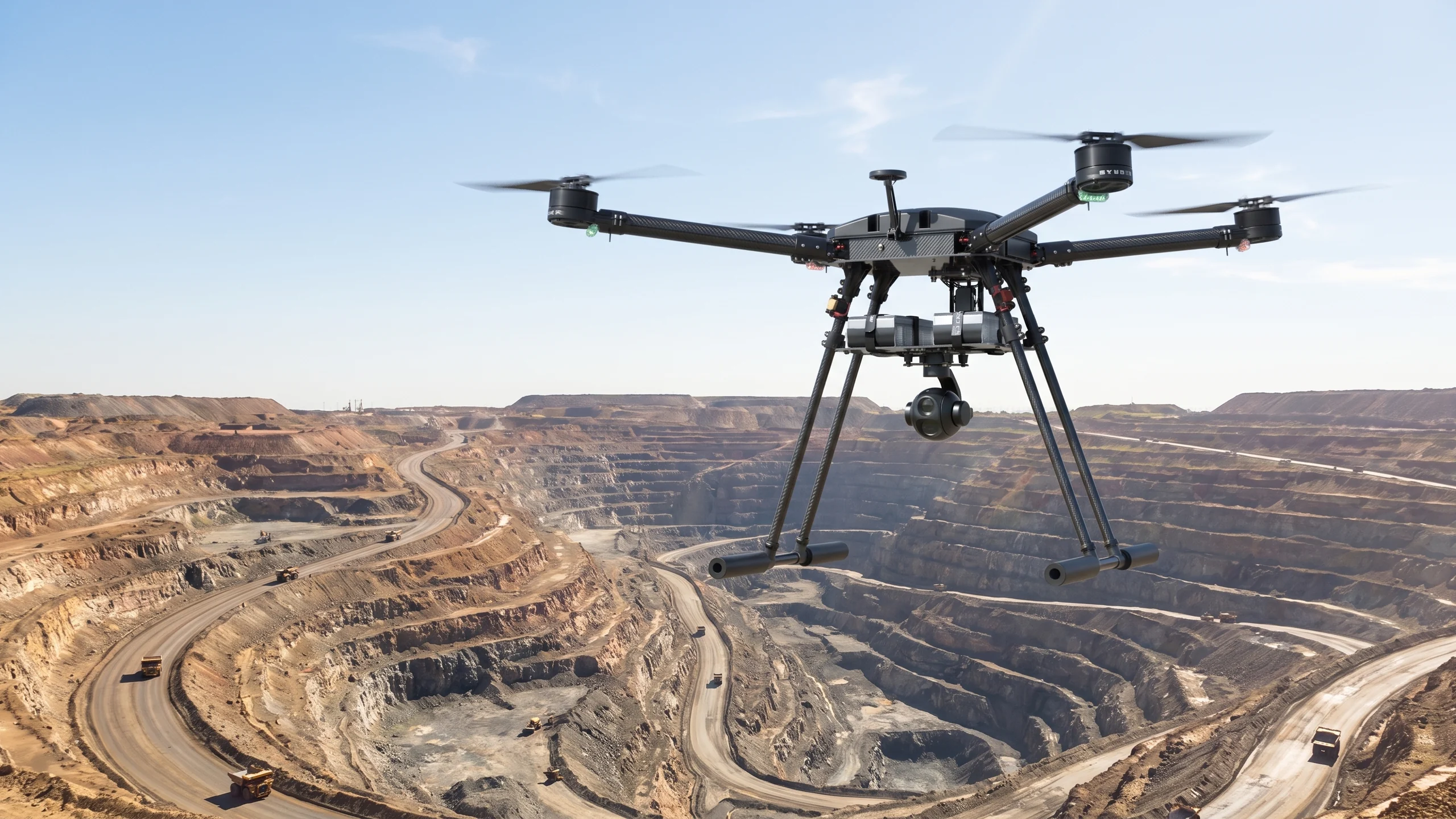 Skyber enterprise UAV over an industrial site at dusk