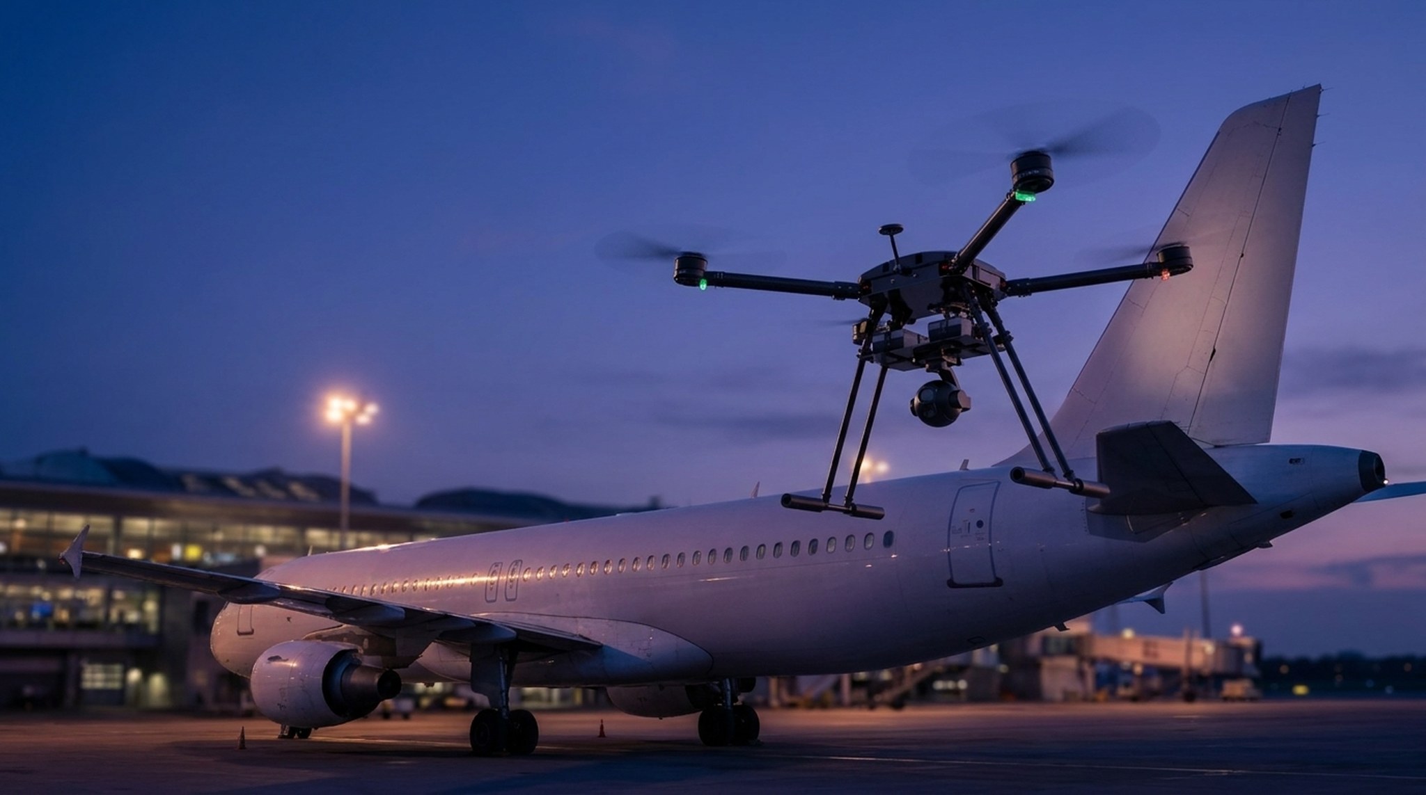 Skyber UAV inspecting an aircraft on the apron