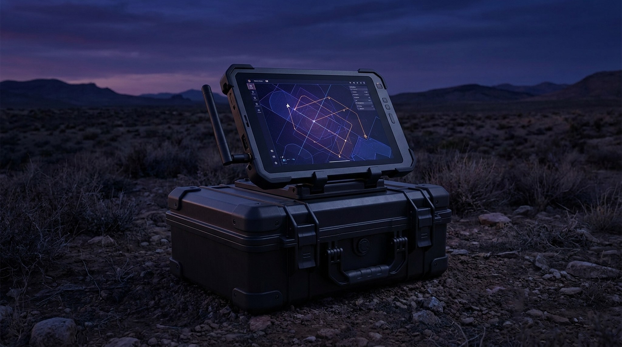 Rugged Skyber ground-control station at dusk