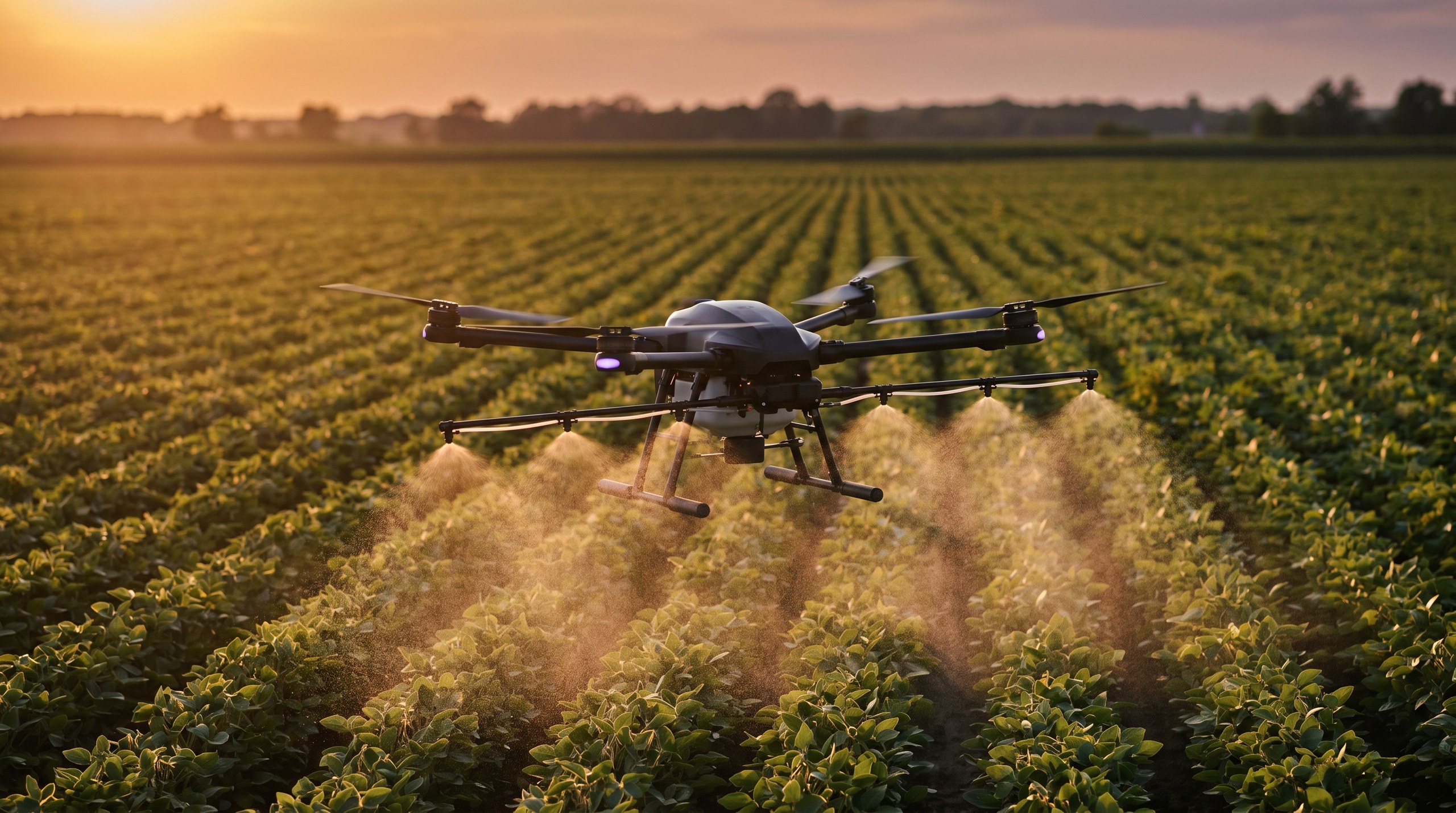 Skyber agricultural spraying drone over farmland at golden hour