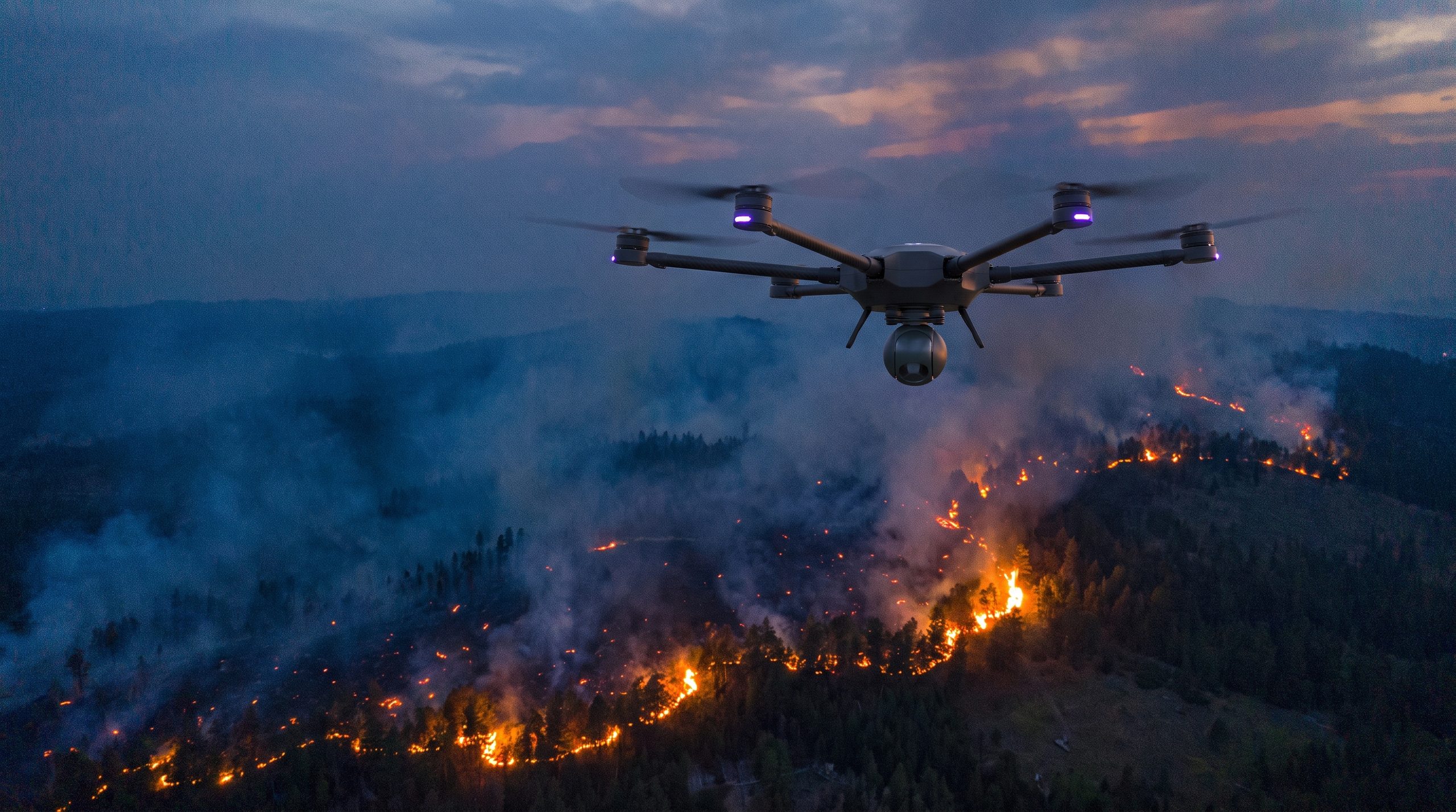 Skyber UAV monitoring an active wildfire fire line at dusk