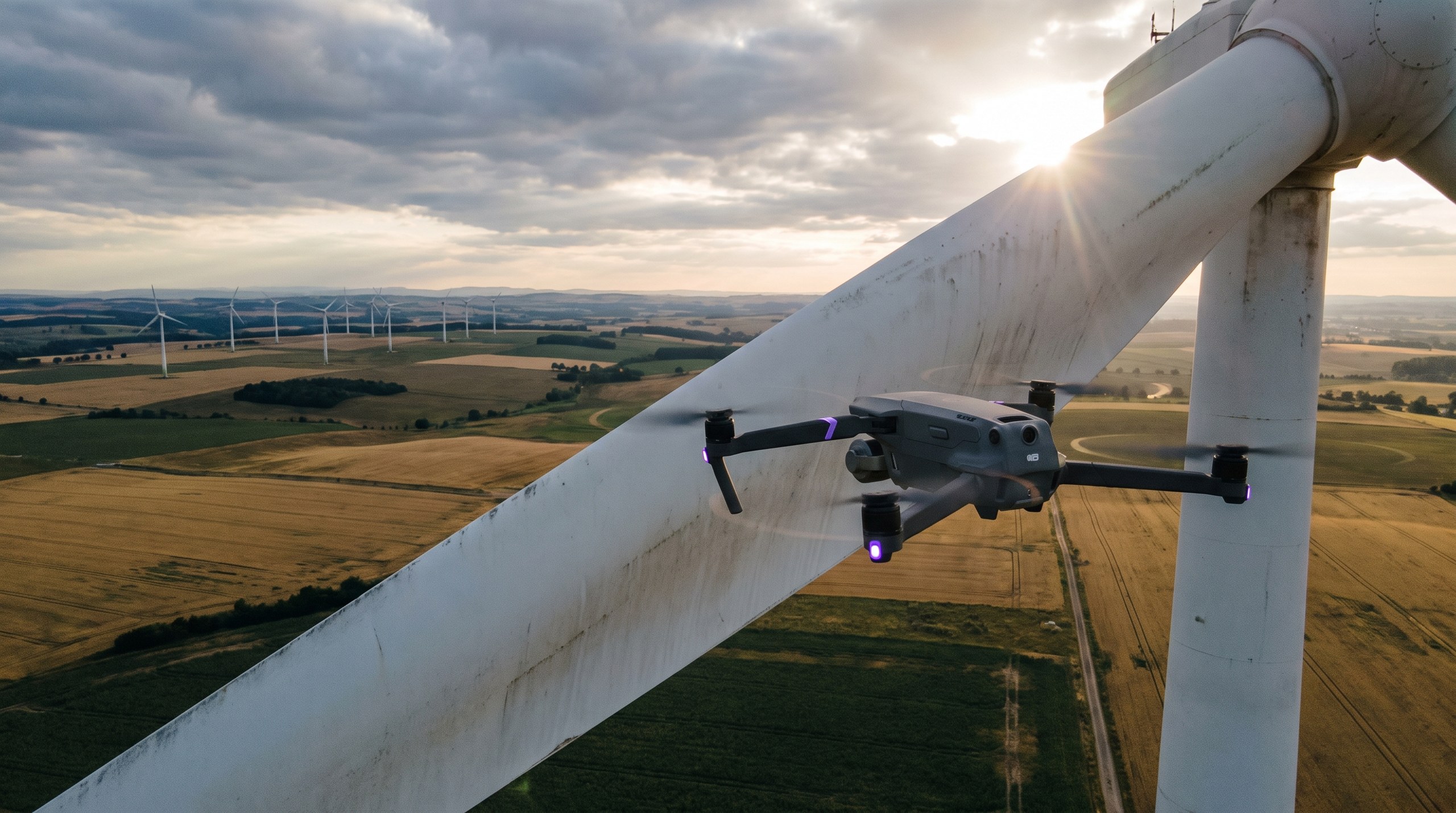 Skyber drone inspecting a wind turbine blade
