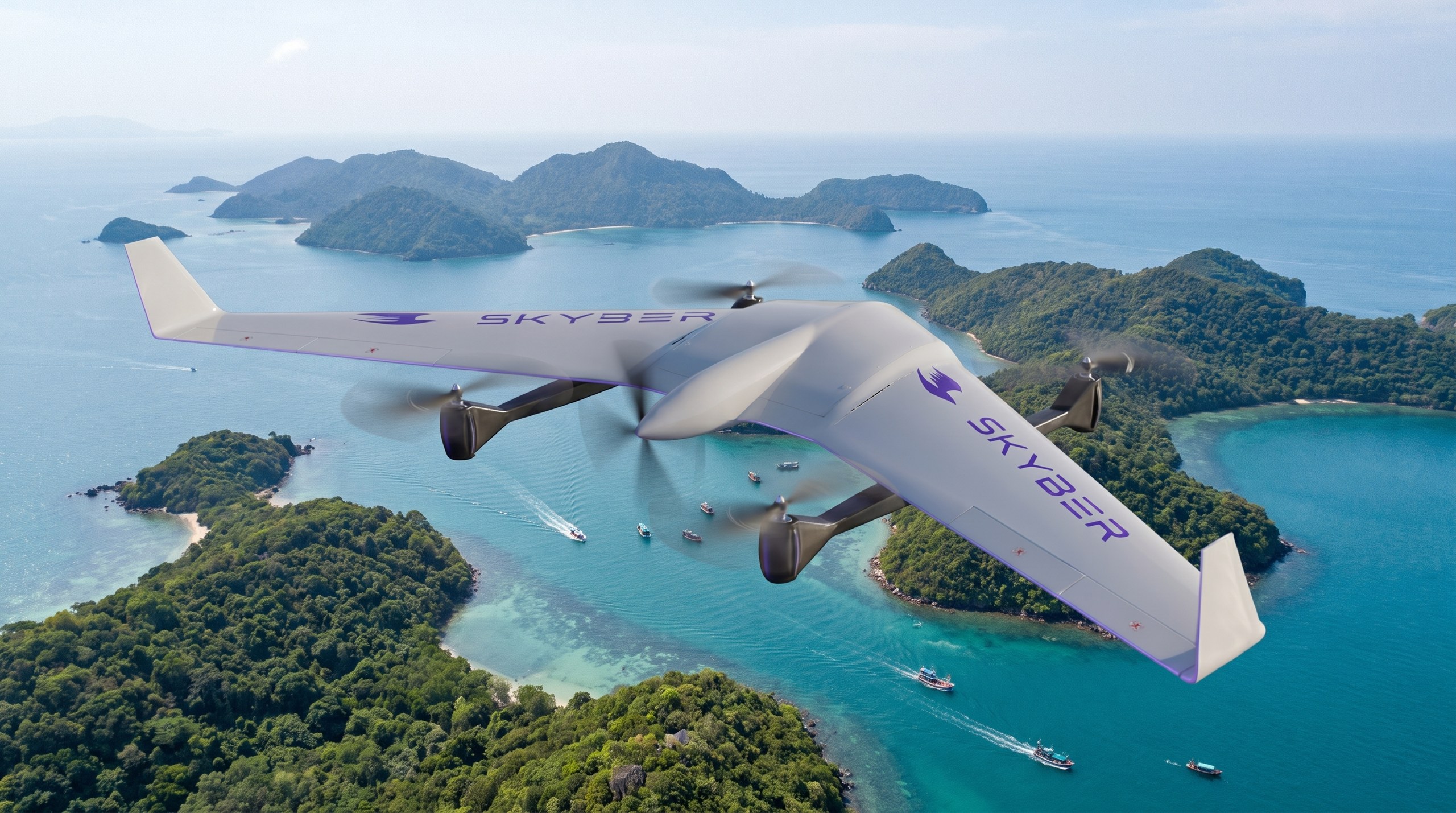 Skyber S.W.O.R.D. UAV on maritime patrol over a coastal archipelago