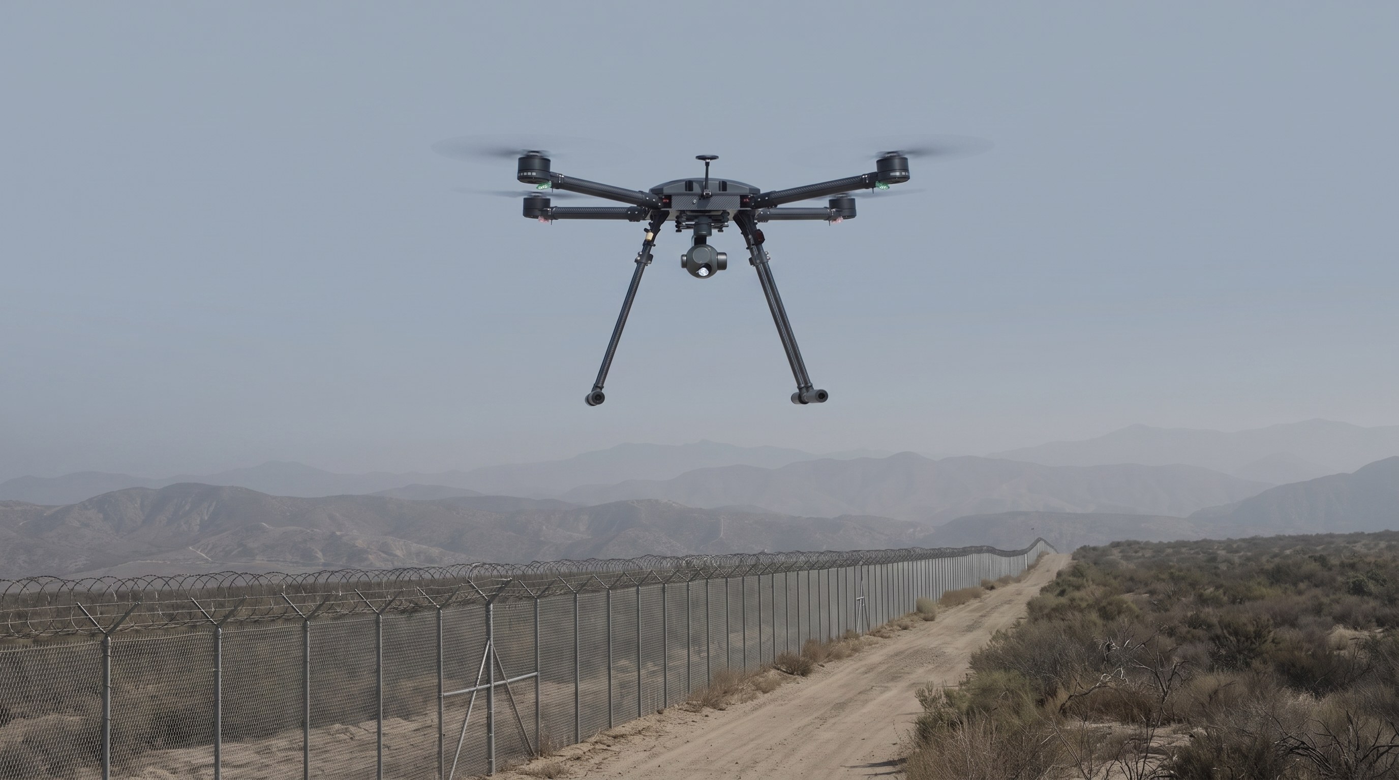 Skyber ISL coaxial-X8 UAV on overwatch above a border perimeter fence line
