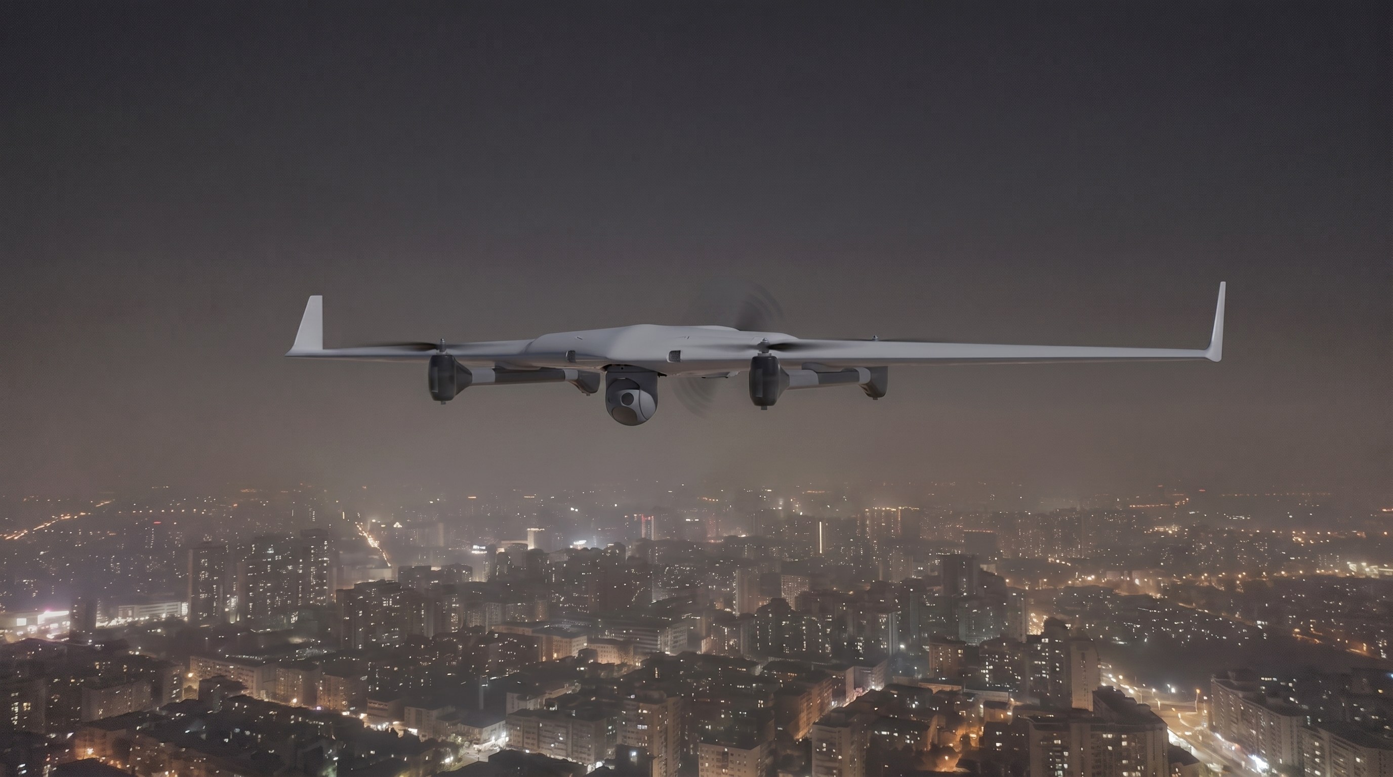 Skyber S.W.O.R.D. surveillance UAV in night overwatch above a city