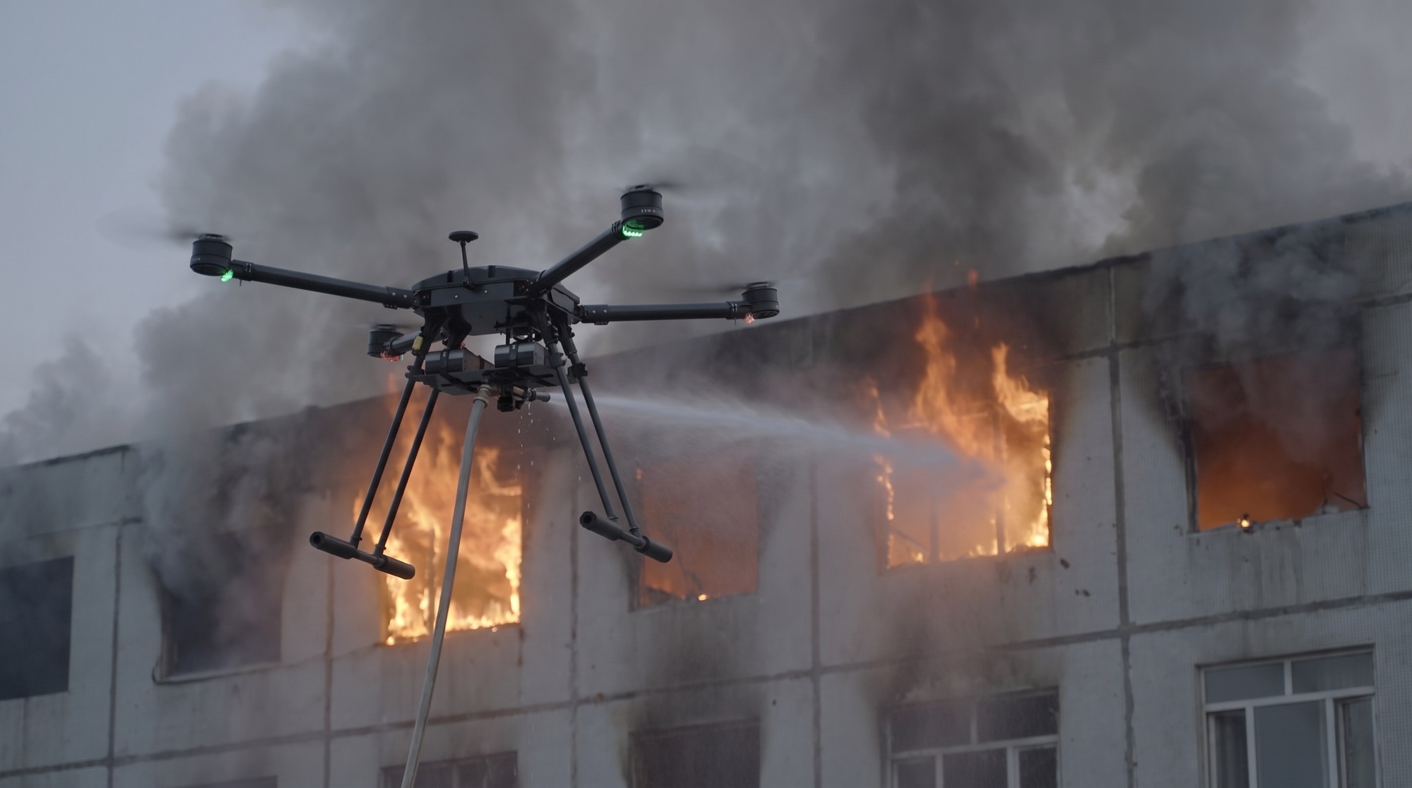 Skyber ISL coaxial-X8 UAV suppressing a building fire with a water jet