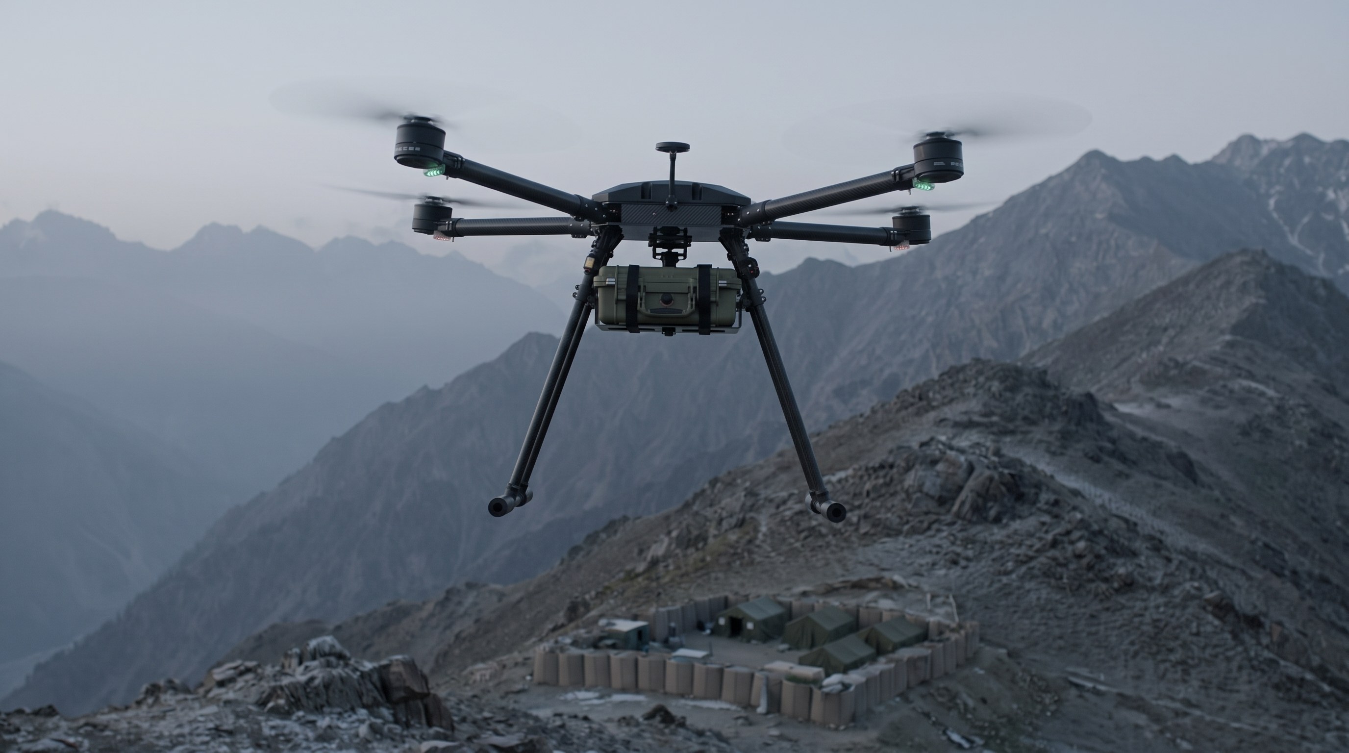 Skyber ISL coaxial-X8 UAV on a military resupply run over high-altitude terrain