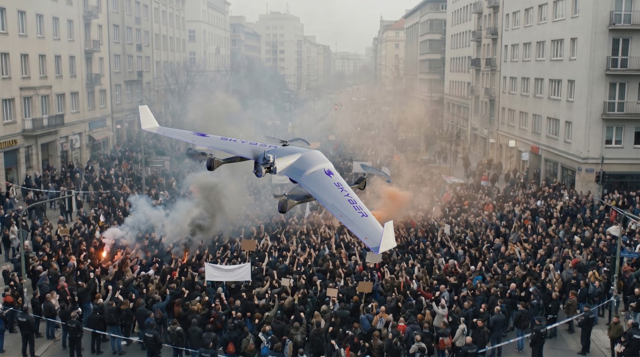 Skyber S.W.O.R.D. UAV monitoring a public gathering for law enforcement