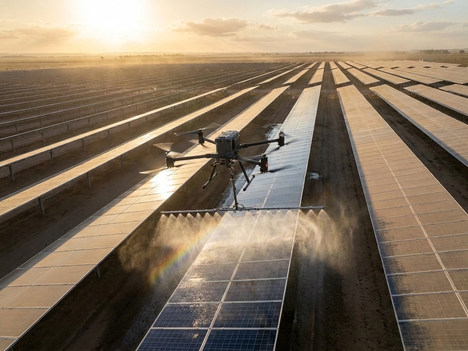 SKYBER drone cleaning photovoltaic panels on a utility-scale solar farm at sunset