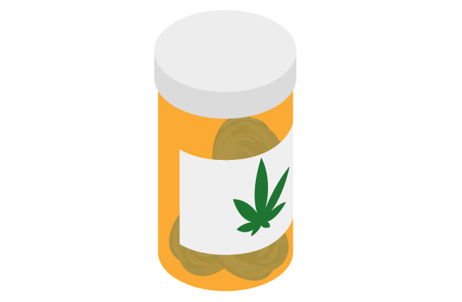 A graphic of a prescription bottle with a cannabis leaf