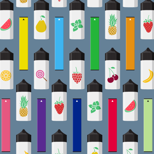 A graphic of flavored vaping liquids and devices