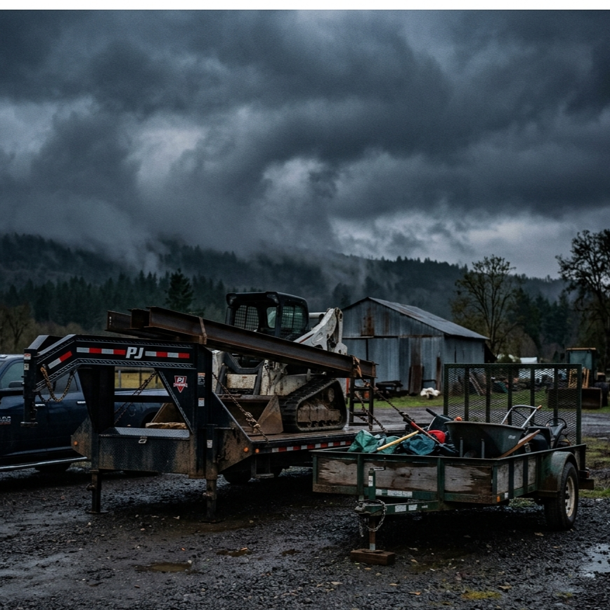 Medium shot of cloudy, dark image with gooseneck and utility trailers next to each other.
