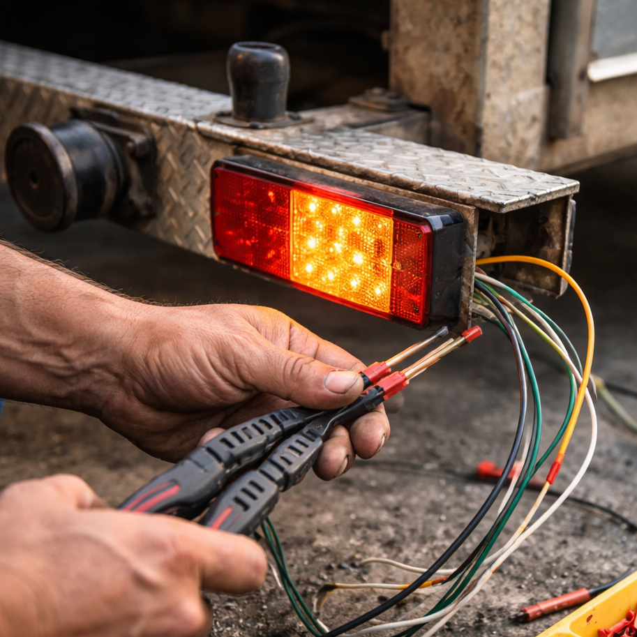 Close up of man working with wires for electric rear lights on trailer.