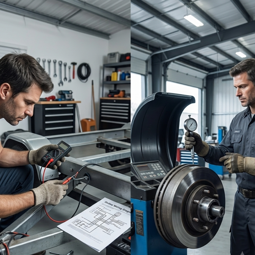 Two men split screen image, one DIYing themselves, the other a pro mechanic repairing the trailer.