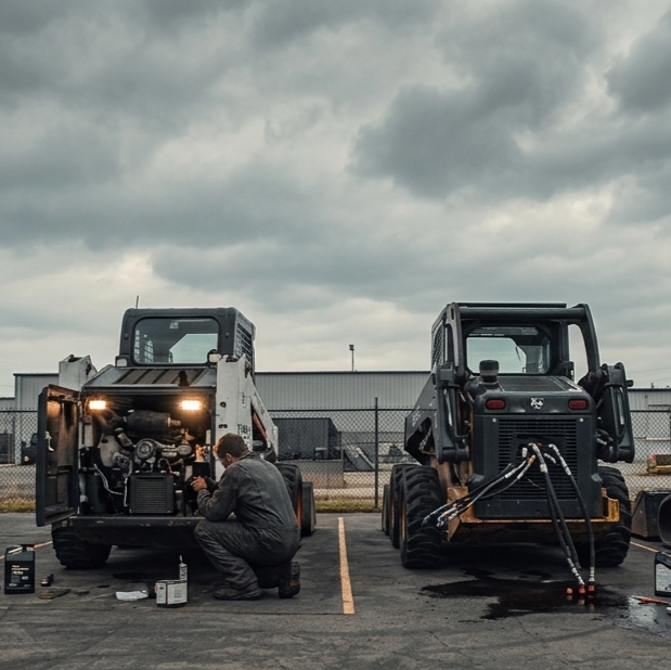 Two men split screen image, one DIYing themselves, the other a pro mechanic repairing the trailer.