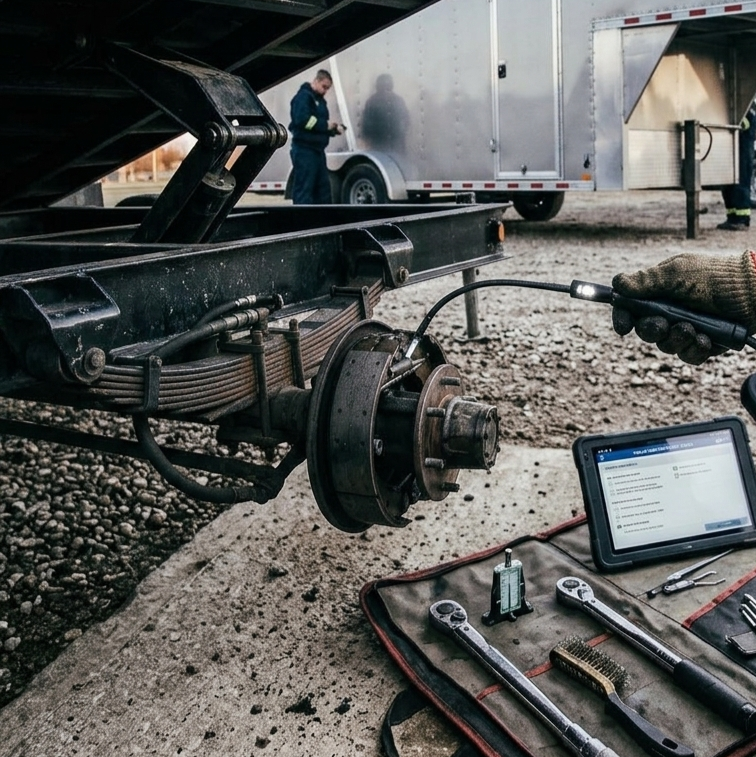Close up of mechanic inspecting a trailer.