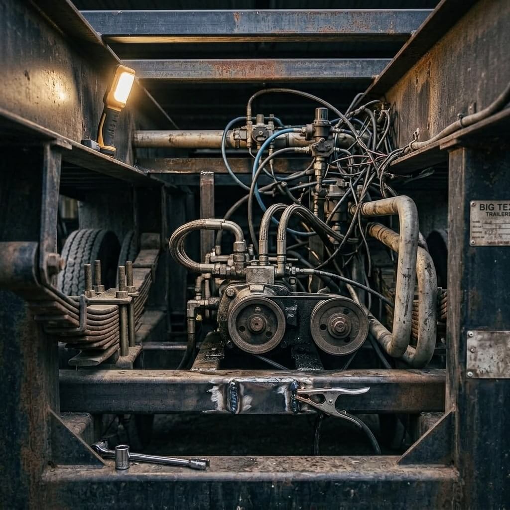 Close-up detailed view of heavy-duty hydraulic and electrical trailer components, featuring leaf springs, exposed wiring, hoses, and a dual-pulley pump lit by an LED work light inside a steel trailer frame