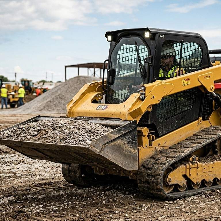 Skid steer loader with tracks filling its bucket with gravel on a construction site, illustrating what a skid steer is and how it's used