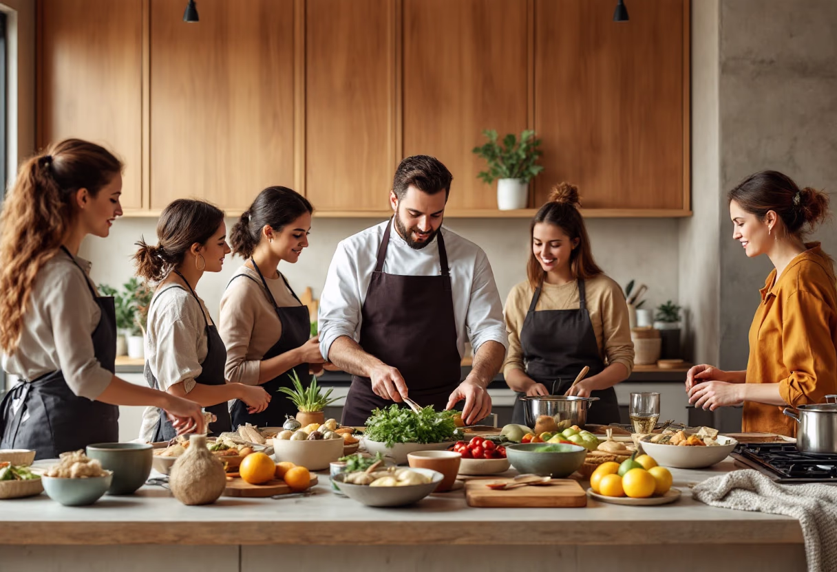 Group cooking together with fresh vegetables