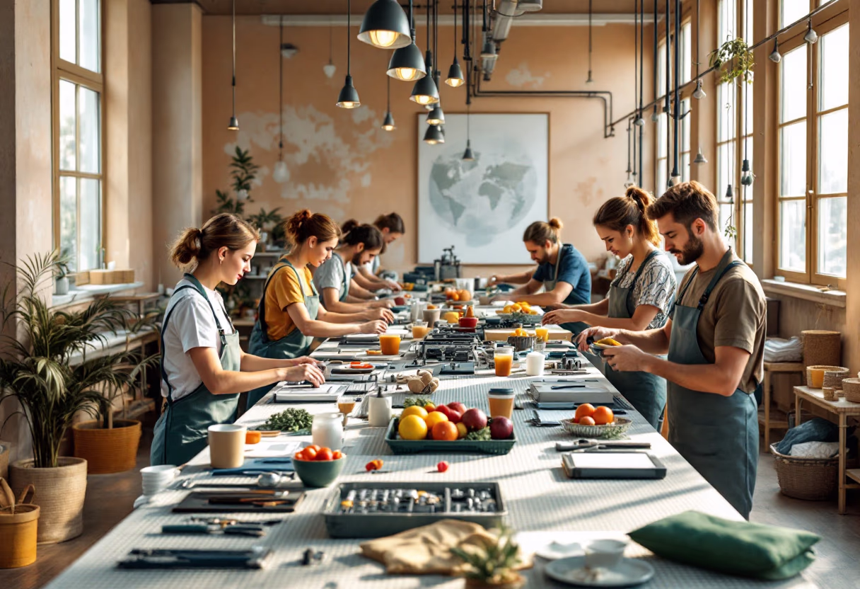 Group in aprons prepping food at a long table