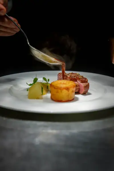 Chef plating a fine-dining entrée