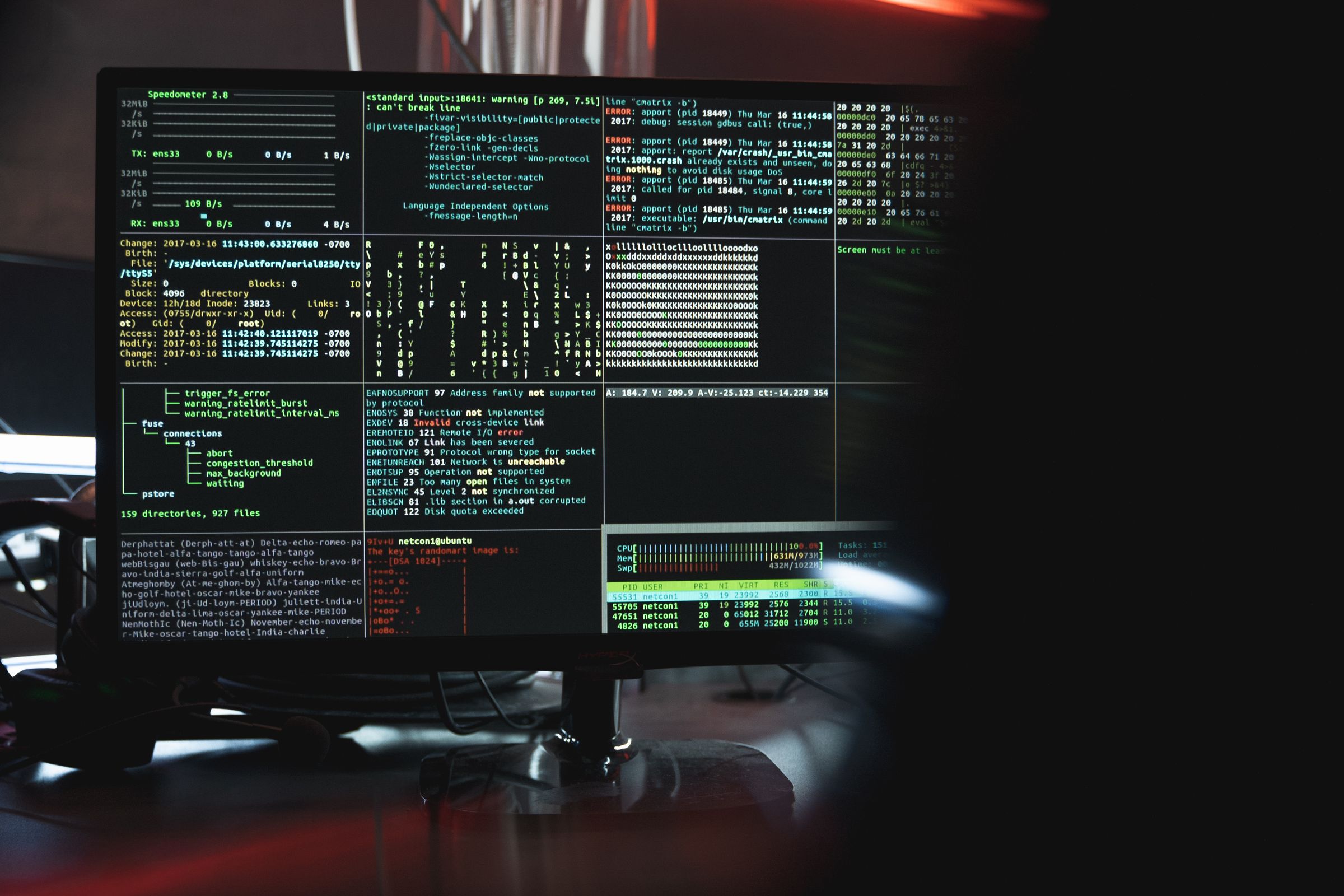 Security operations monitor showing network and system diagnostics.