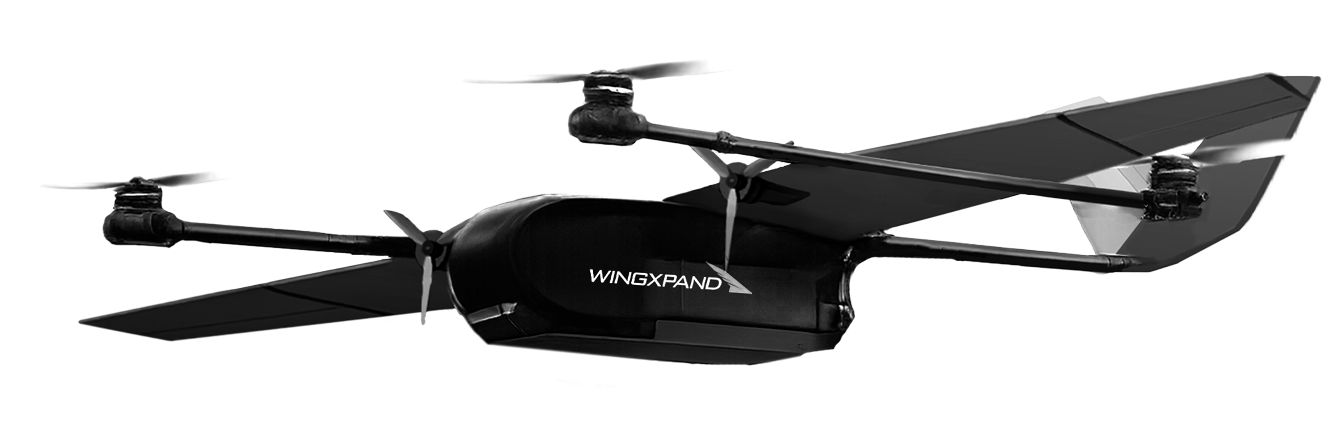 Black WingXpand drone featuring four rotors and fixed wings for hybrid flight.