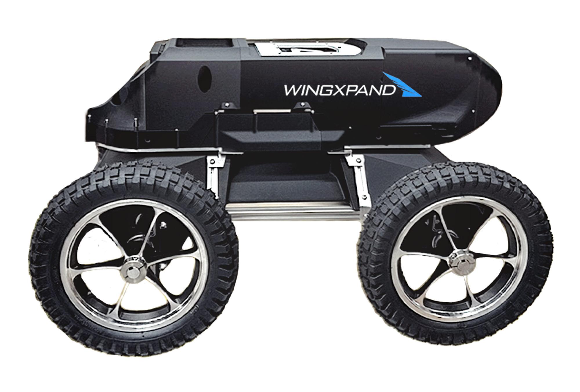Four-wheeled black robotic vehicle with treaded tires and WingXpand logo on its side.