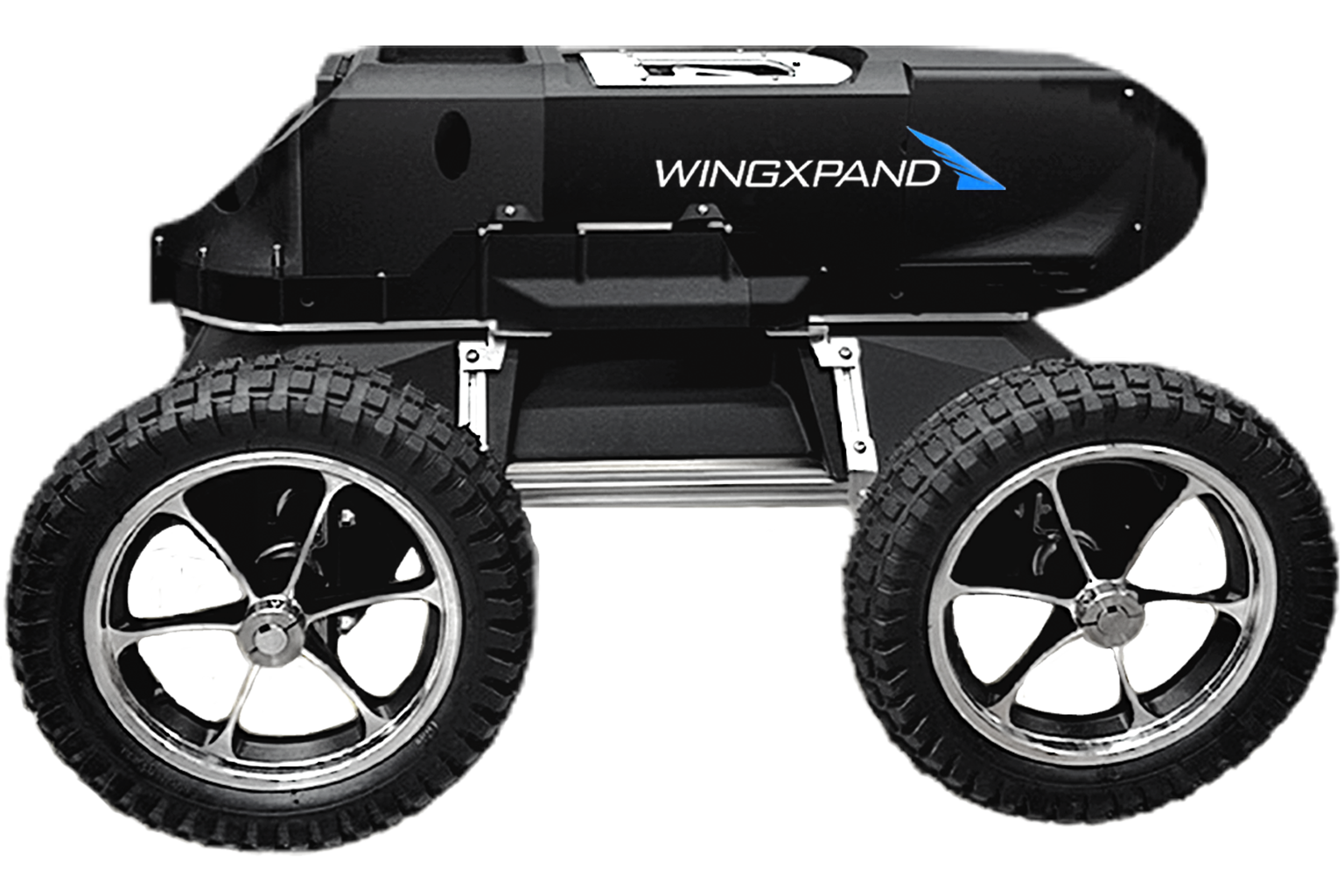 Black four-wheeled robotic vehicle with large tires and WINGXPAND logo on the side.