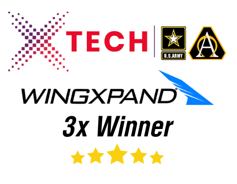XTech logo with U.S. Army and WINGXPAND logos, text 3x Winner with five gold stars below.
