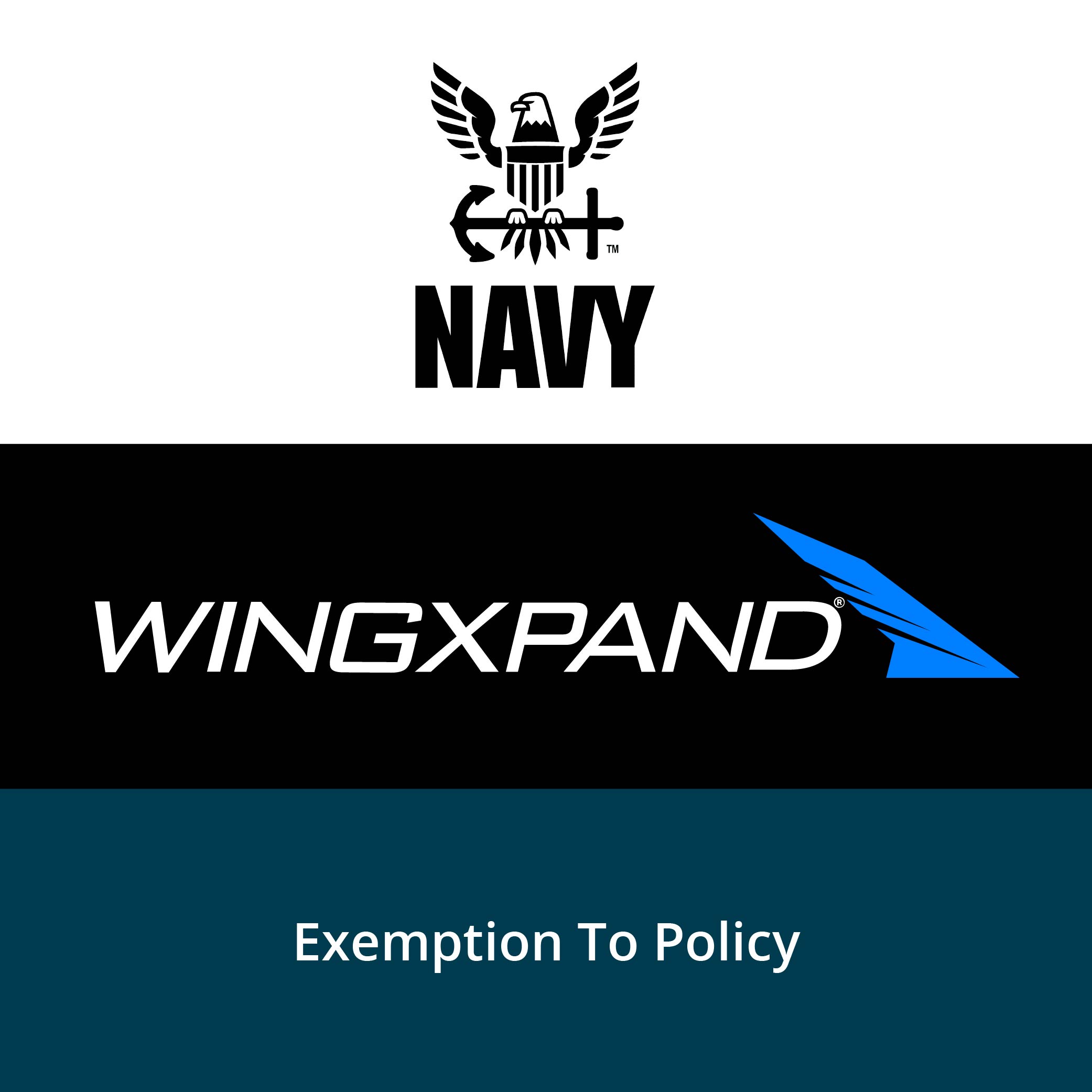 Navy eagle emblem above WingXpand logo with text Exemption To Policy on blue background.
