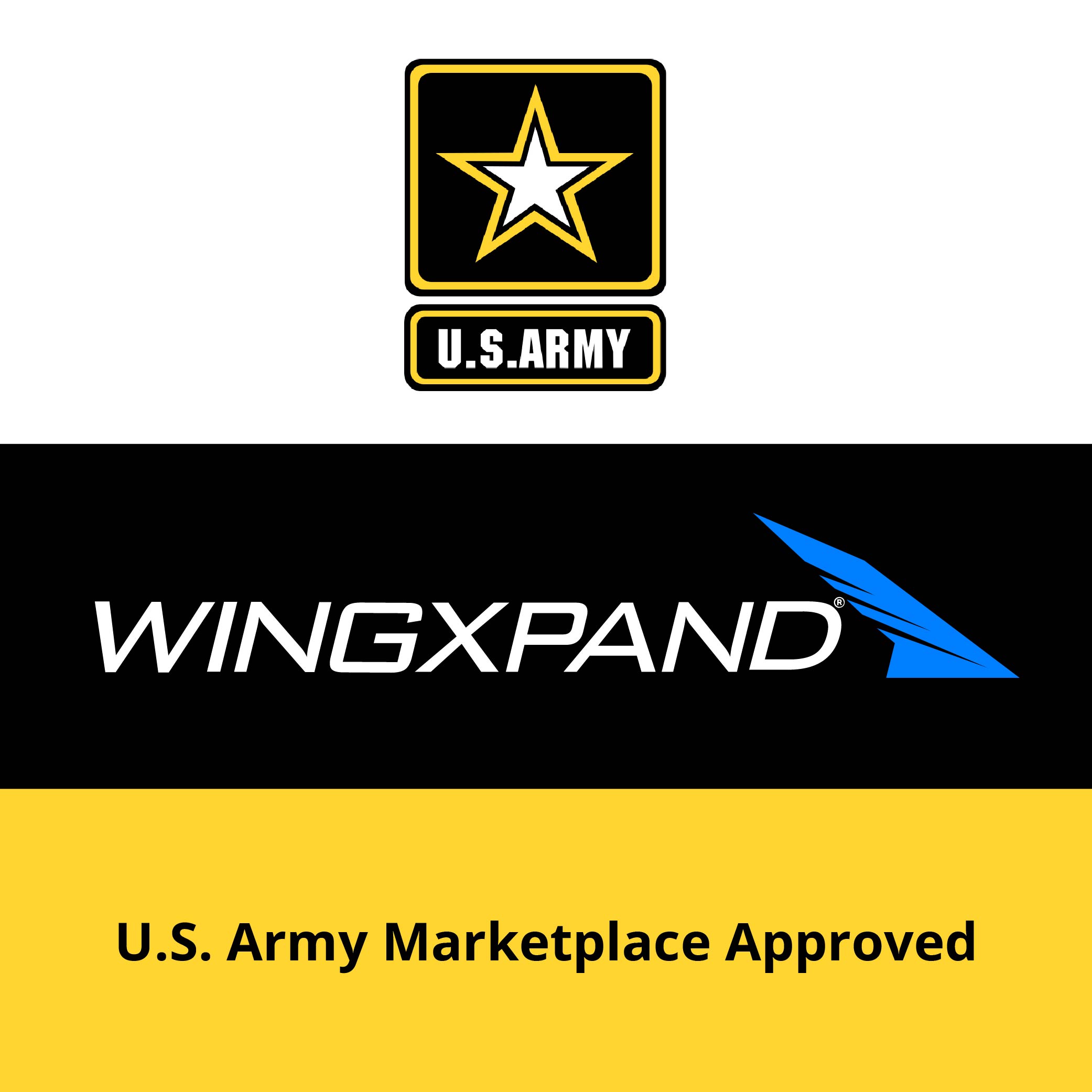 U.S. Army logo above WingXpand logo with text U.S. Army Marketplace Approved on yellow background.