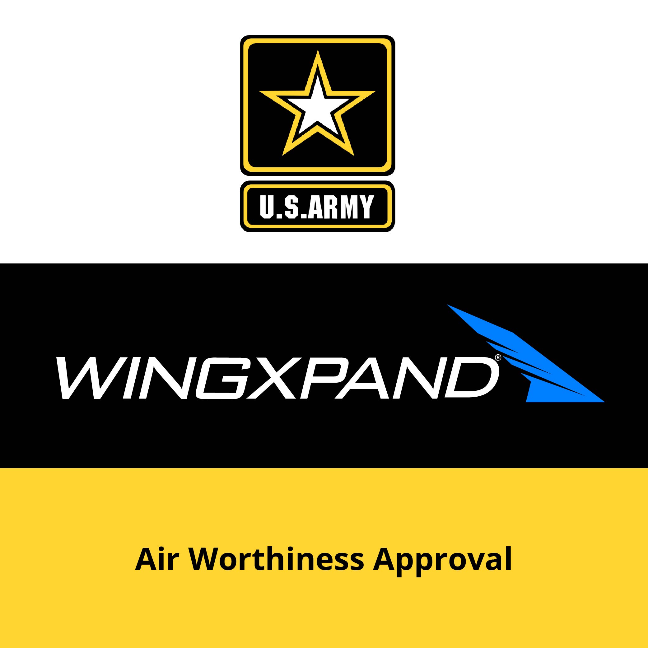 U.S. Army logo above WingXpand logo and text reading Air Worthiness Approval on yellow background.
