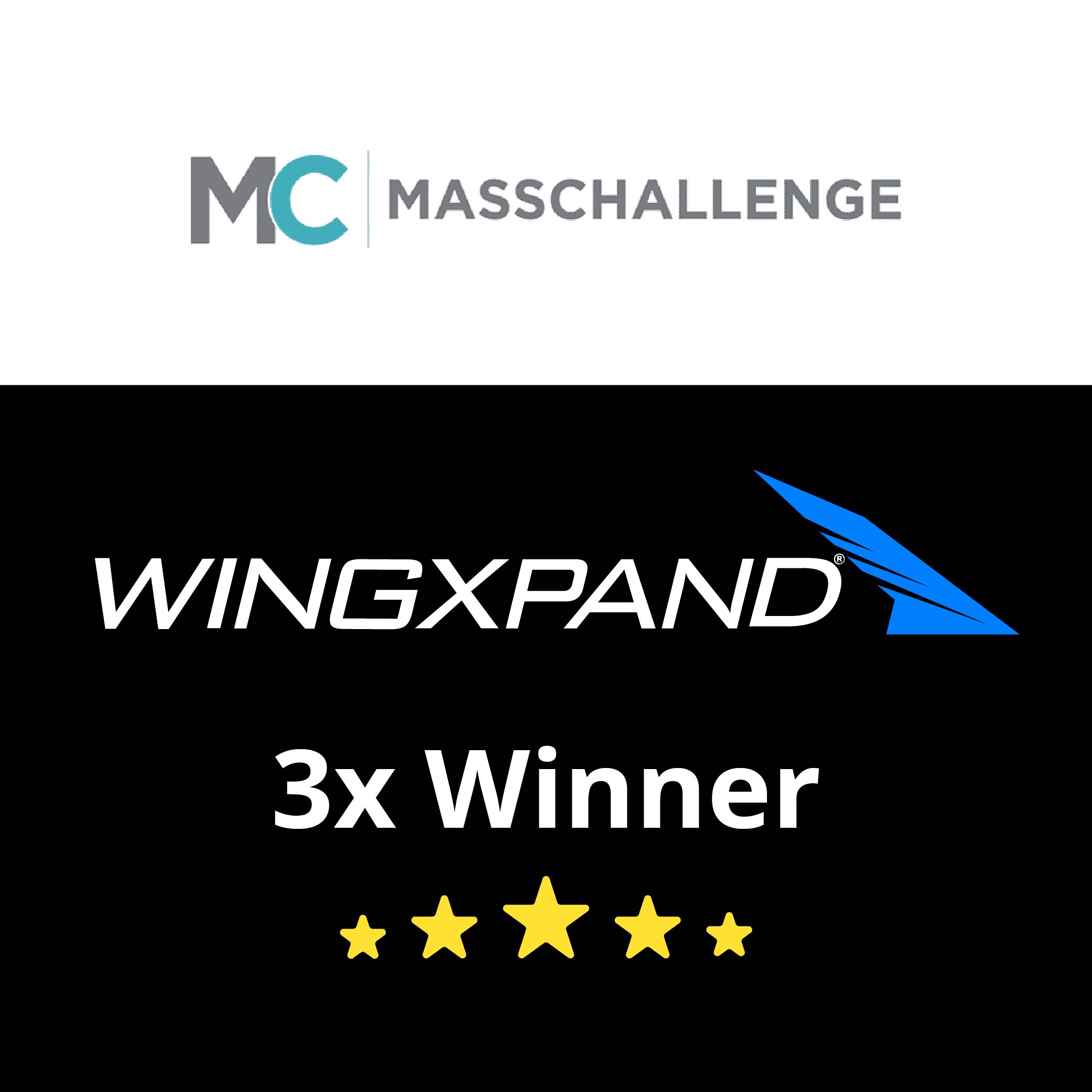MassChallenge logo above WingXpand logo with 3x Winner text and five gold stars on black background.