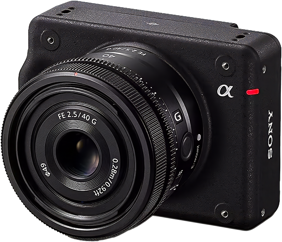 Black Sony Alpha mirrorless camera with 40mm FE 2.5/40 G lens attached.