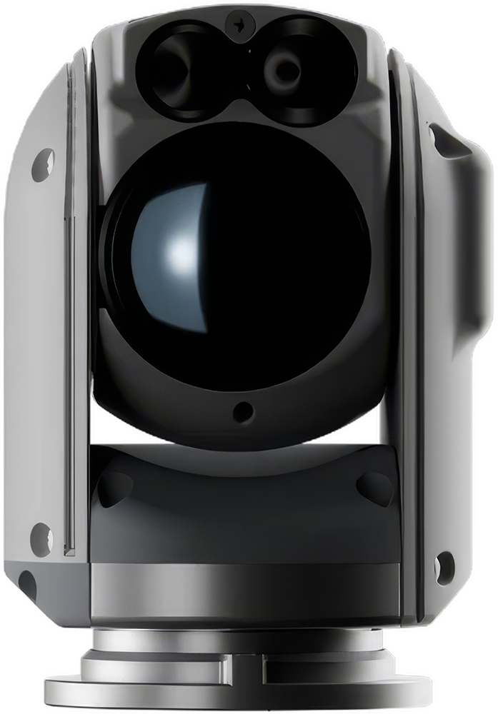 Front view of a high-tech surveillance camera with a large black lens and mounting base.