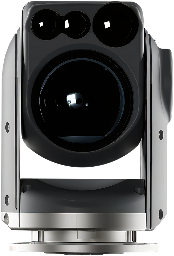 Front view of a sleek, black and silver high-tech camera lens with multiple glass elements.
