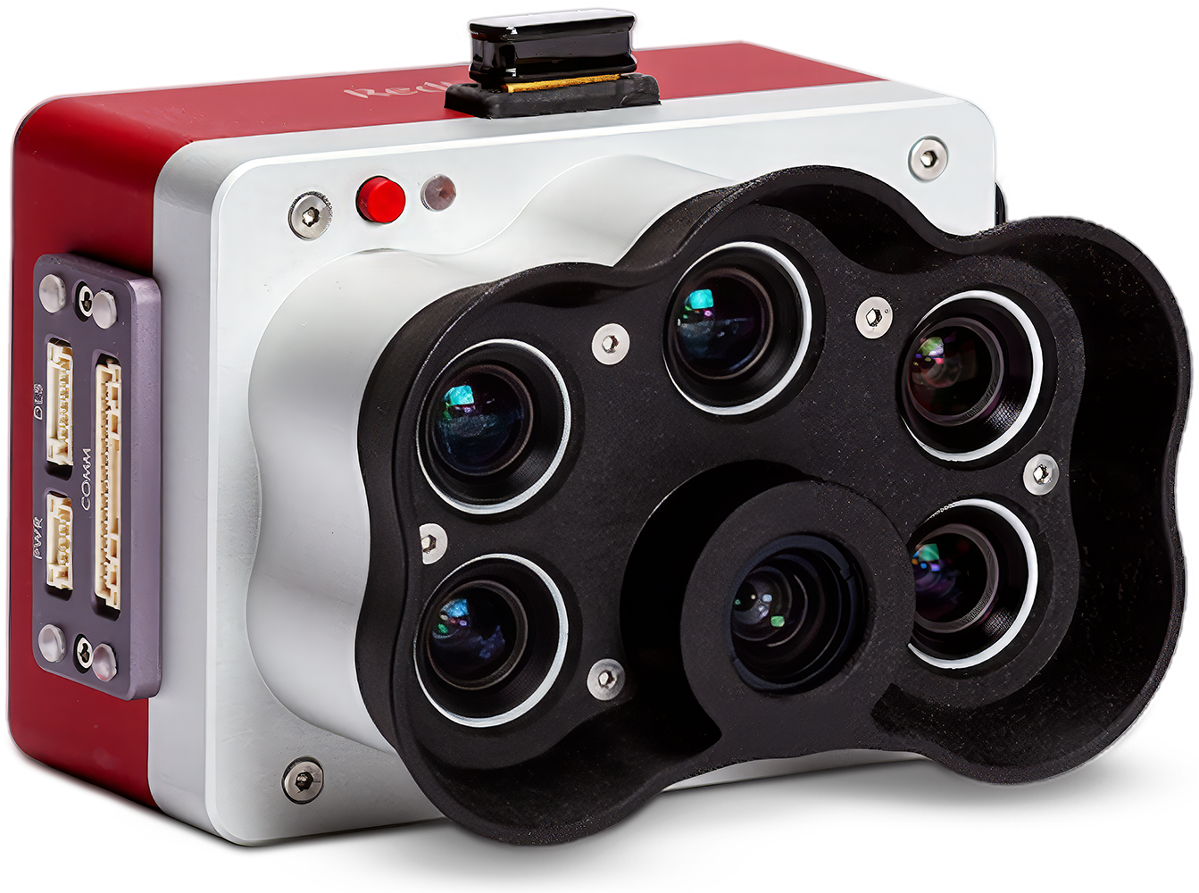 Compact multichannel camera with five lenses and a red and white body.