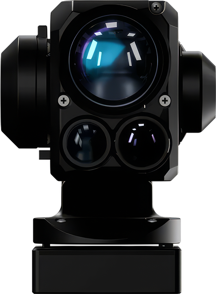 Close-up front view of a black multi-lens optical device with blue reflections on the lenses.