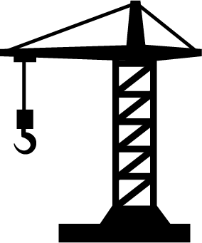 Black silhouette of a construction crane with a hook on a transparent background.