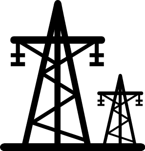 Two electrical transmission towers of different sizes on a flat surface.
