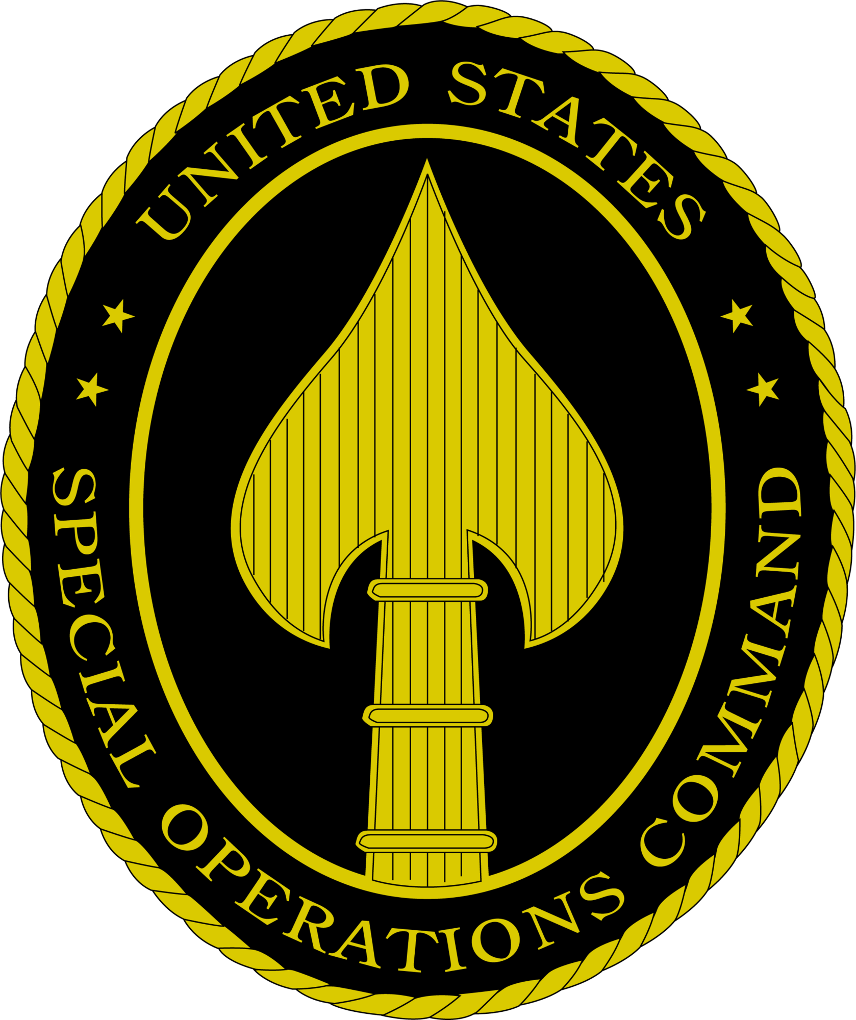 United States Special Operations Command emblem with a gold spearhead inside a rope-bordered black circle.