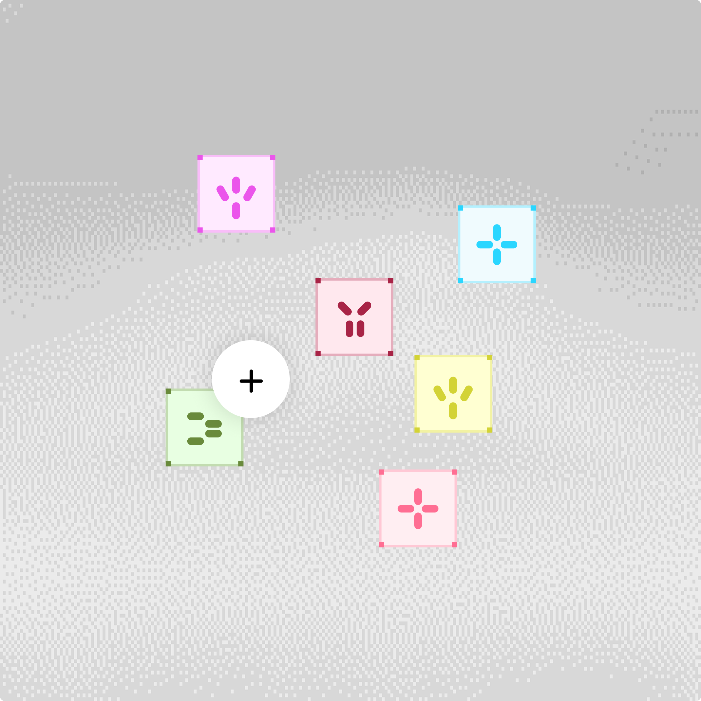 Gray background with six colored squares containing simple abstract symbols and a white circle with a black plus sign in the center left area.