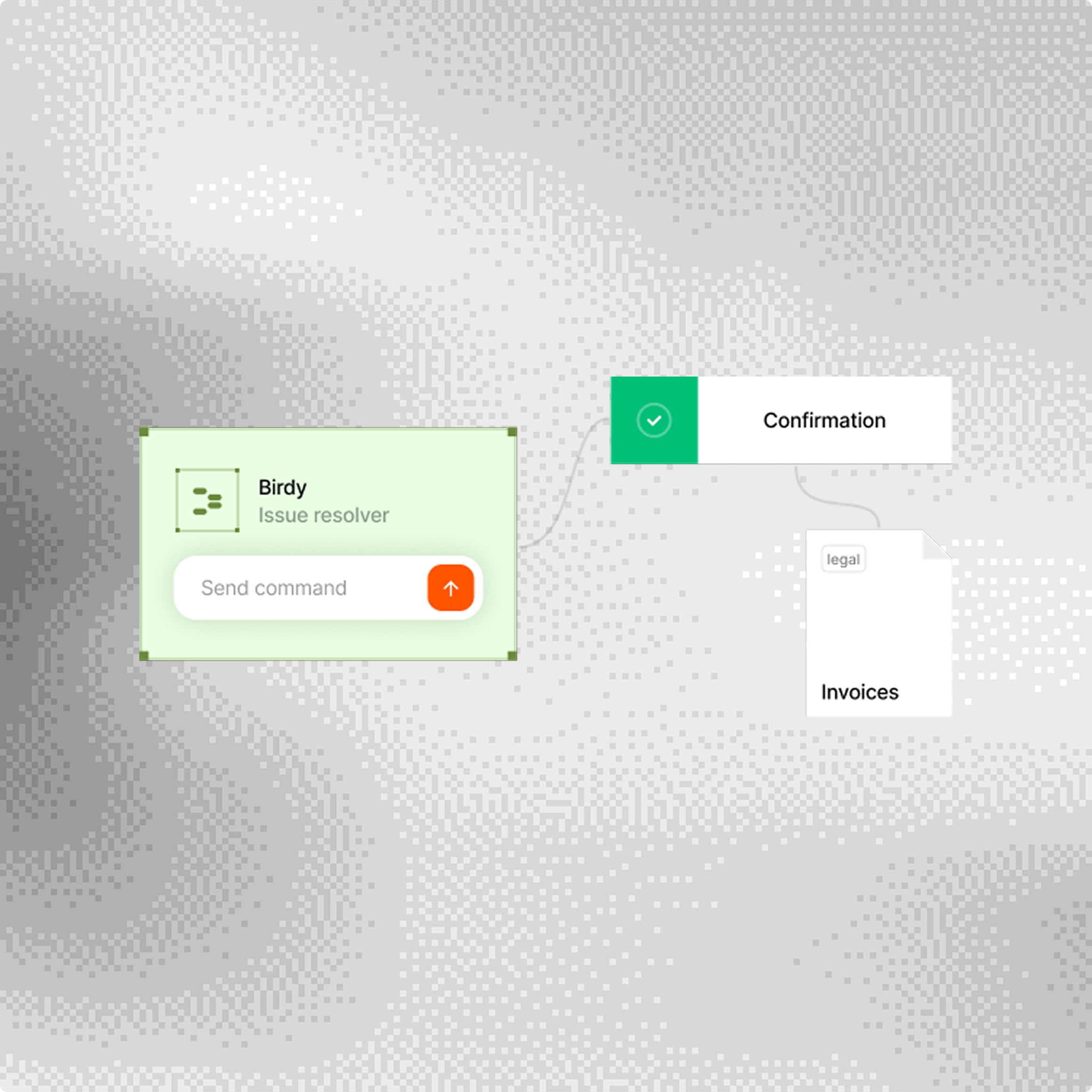 Diagram showing three connected elements: a green box labeled 'Birdy Issue resolver' with a command input field and send button; a white box with a green checkmark labeled 'Confirmation'; and a document icon labeled 'Invoices' with a small 'legal' tag.