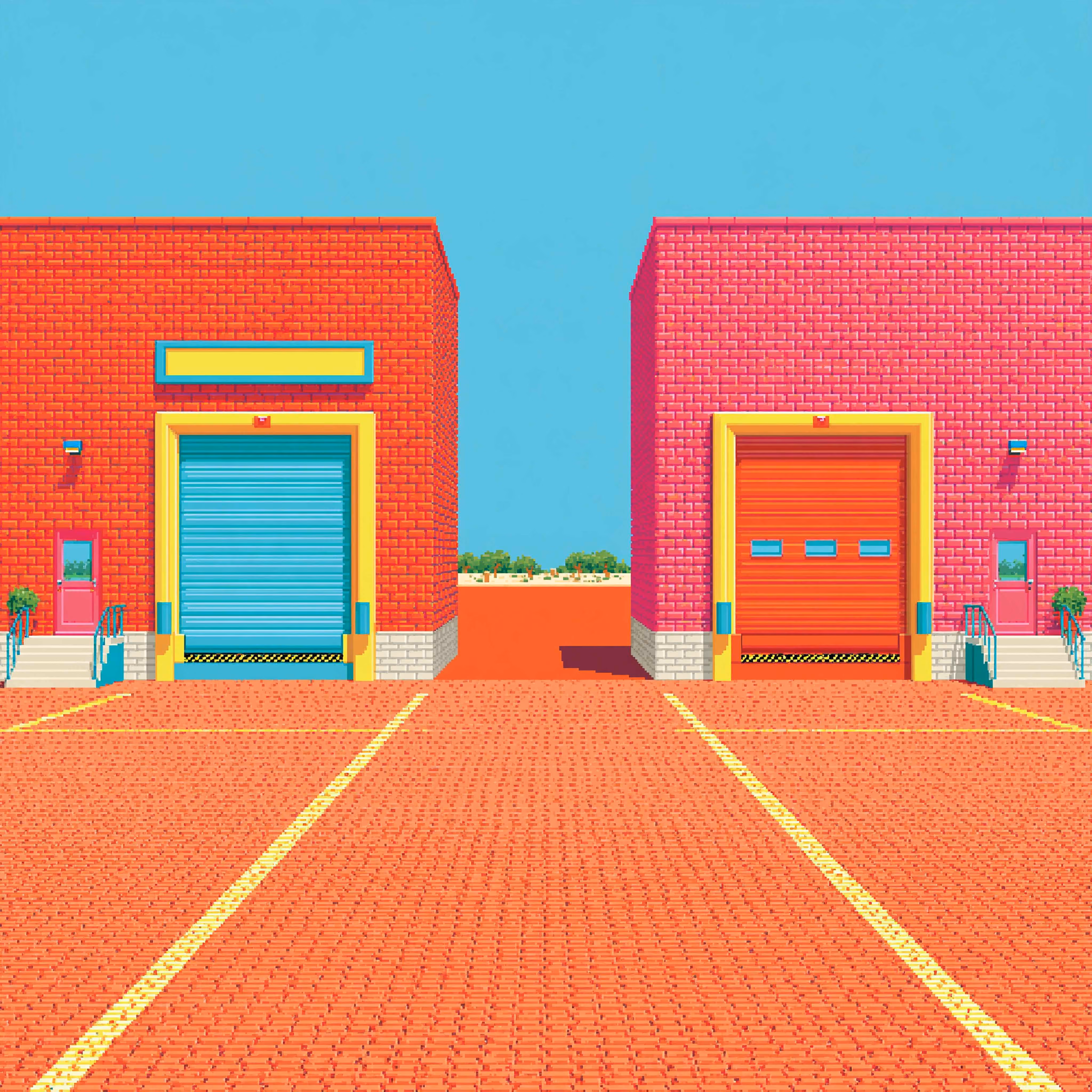 Two adjacent warehouse buildings with brick walls and closed loading dock doors, one blue and one red, separated by a small alley, under a clear blue sky.