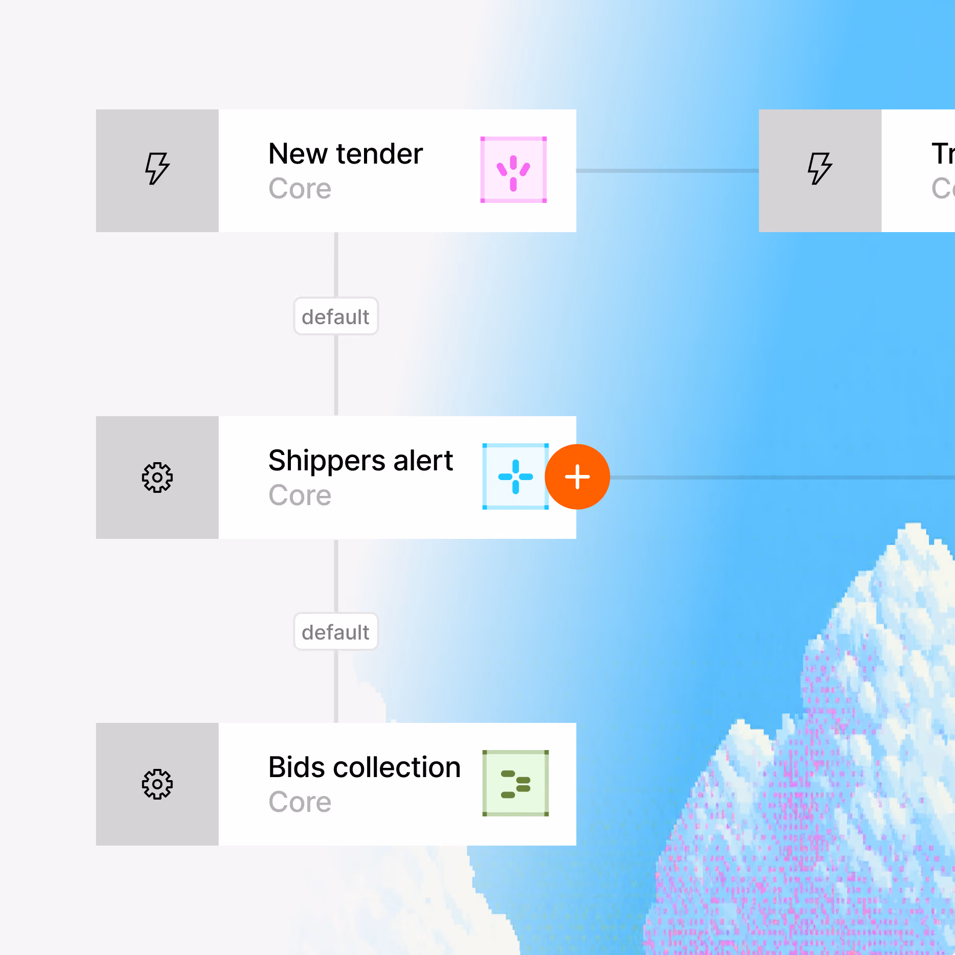 Workflow diagram with three labeled nodes: New tender, Shippers alert, and Bids collection, each marked as Core with icons and connected by lines on a gradient blue and white background.