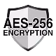 Shield-shaped emblem with the text 'AES-256 ENCRYPTION' in bold letters across the front.