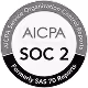 A circular certification seal with the text: AICPA SOC 2 Service Organization Control External SAS 70 Reports.